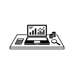 Fototapeta premium Minimalist vector illustration of business desk setup with laptop graphs