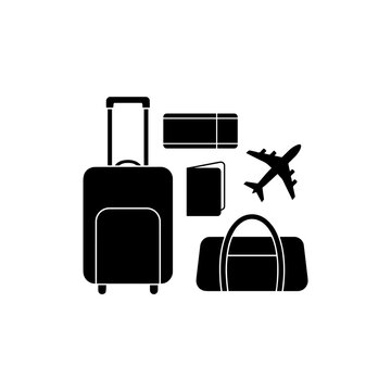 Travel luggage and airplane icon set silhouette with suitcase