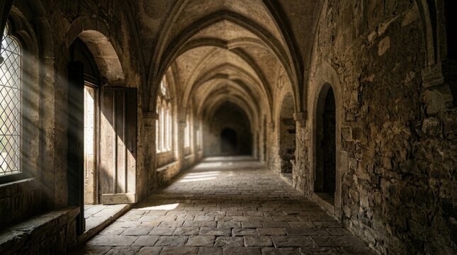 Sunlight streams down a long, dark stone corridor within an ancient Gothic monastery. The corridor features a series of pointed arches and weathered stone walls.