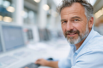Fototapeta premium Mature man smiles warmly at the camera. He sits at a workstation, hands near keyboard. Background shows blurred monitors and office equipment. His light blue shirt matches professional