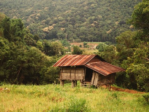 Rustic wooden cabin with corrugated metal roof set amidst lush green hills