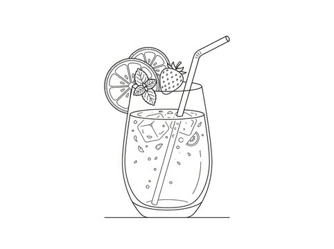 A hand-drawn illustration depicts a refreshing drink in a tall glass. The drink contains ice cubes, a strawberry slice, a lemon slice, and a sprig of mint.