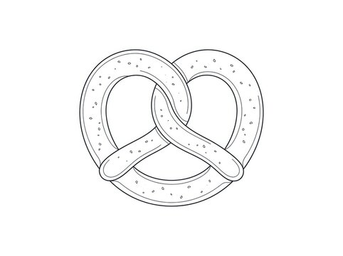 A black and white line drawing depicts a pretzel intertwined with itself, forming a heart shape. The pretzel has small holes along its surface.