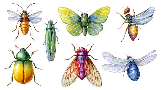 Cute insect collection, detailed watercolor clipart with soft shadows and clean edges, isolated PNG on transparent background