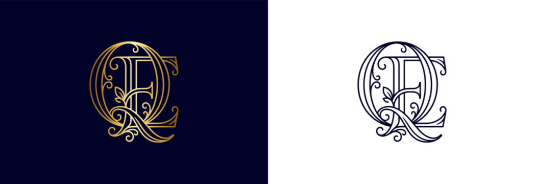 Elegant qe monogram in gold and dark blue for luxury branding and design projects.