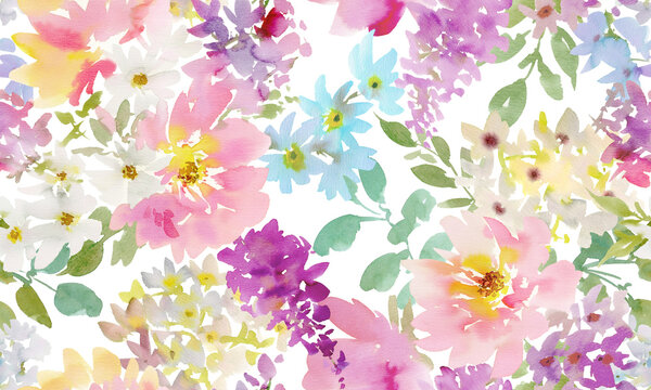 Watercolor Pastel-Colored Floral Seamless Pattern with Pink Peonies and Wildflowers on a transparent background for Fabric, Wallpaper, and Surface Design