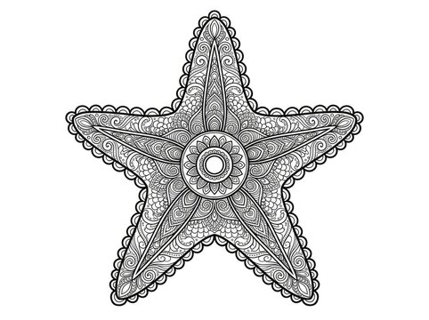 A detailed, intricate star mandala is depicted against a white background.