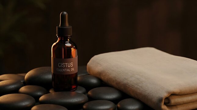 A dropper bottle of cistus essential oil on spa stones with a soft beige towel in a relaxing wellness studio