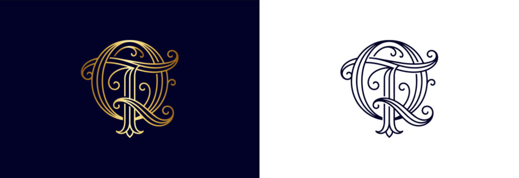 Ornate qt monogram logo in gold and navy blue for luxury branding.