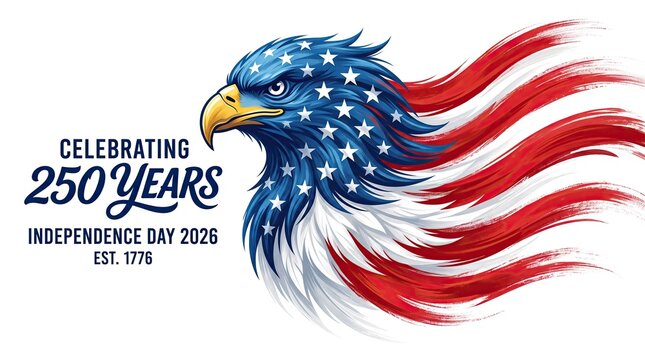 American eagle illustration celebrating 250 years of independence day 2026, patriotic design with stars and stripes isolated on white background