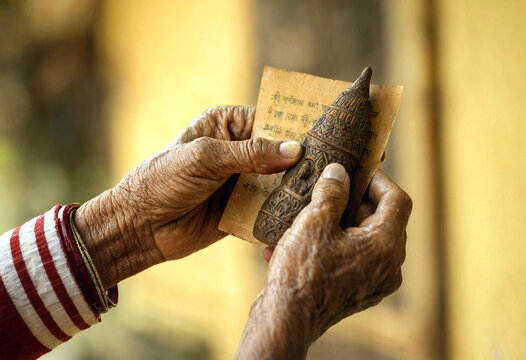 Elderly hands holding a small metal religious artifact and a piece of paper with text
