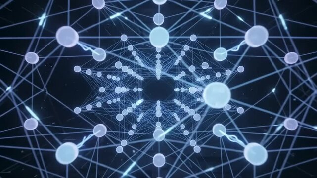 Multilayer neural network with animated signals traveling between connected nodes, representing machine learning, deep learning, and intelligent computation.