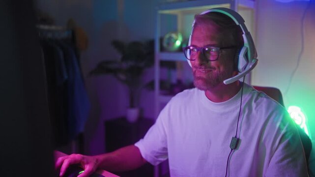 Man with headset smiling, hand on mouse playing computer in streamer studio with neon lights and shelving; focus gaming.