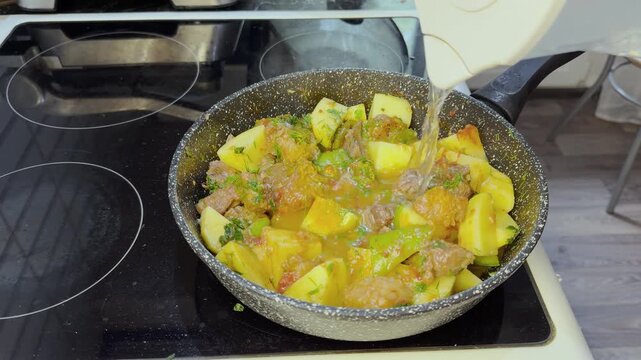 Water poured into simmering meat and vegetables during homemade stew preparation.