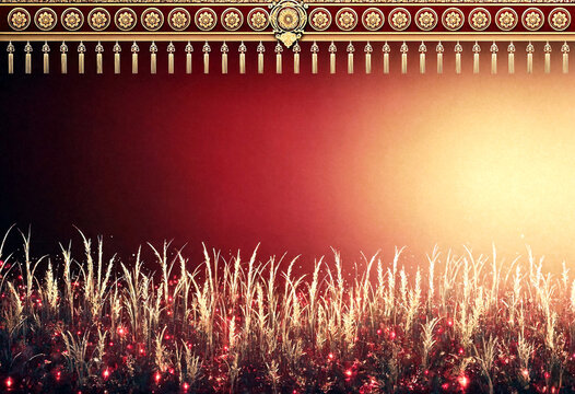 Elegant golden ornate border with intricate patterns and glowing wheat field at sunset background