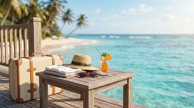 Travel Essentials Arranged on Sunny Beach Table