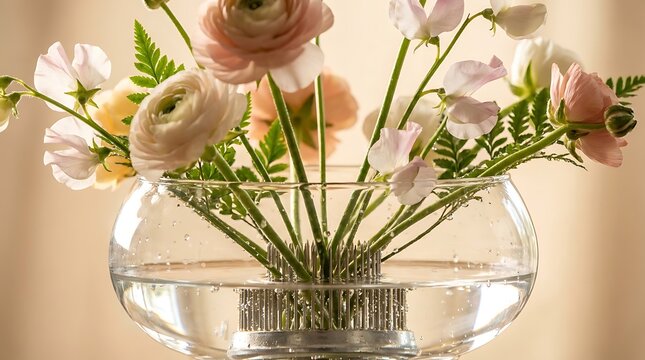 Marina fest arrangements- showcased in a modern glass vase with water and floral frog for events