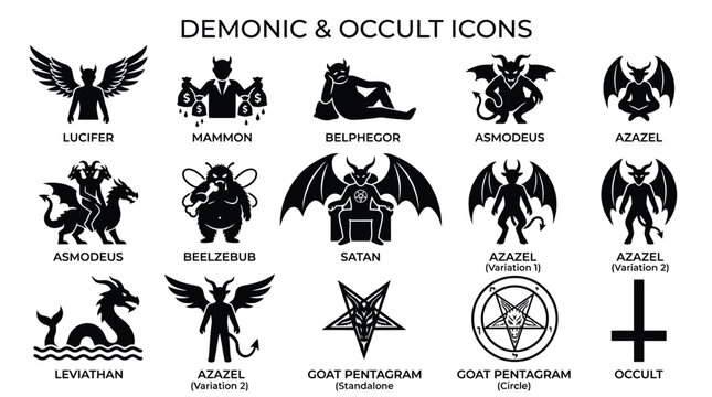 Demonic and occult icon vector set featuring various mythical entities like satan lucifer mammon and pentagram symbols in flat black