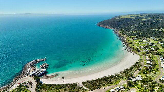 Penneshaw, Kangaroo Island, South Australia &ndash; 4K Aerial Drone View of Ferry Terminal, Hog Bay,  Penneshaw Beach, Coastal Town, Seaside houses, residential estates and Scenic Dudley Peninsula