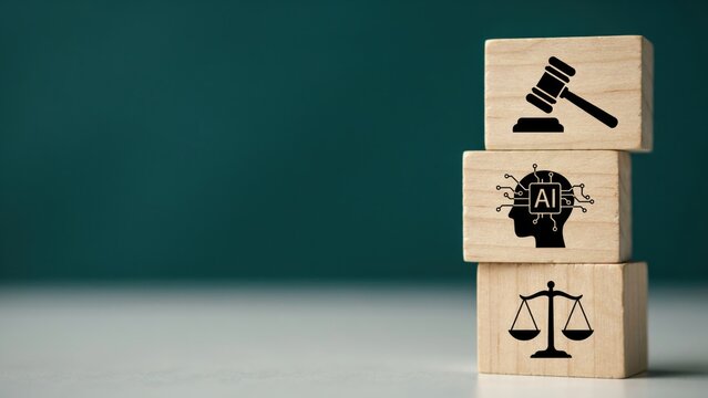 Wooden blocks stacked with AI legal and judicial icons. Ideal for artificial intelligence law and regulation themes.