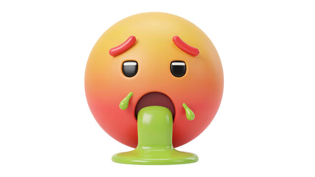 3 d render of a yellow and red gradient emoji face vomiting green liquid with a sick and nauseous expression isolated on a transparent background
