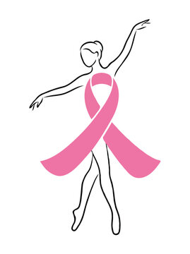 Elegant Ballerina Silhouette Pose Integrated with Pink Breast Cancer Awareness Ribbon