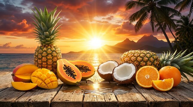 Tropical fruits on wooden table at sunset, ocean and palm trees papaya d