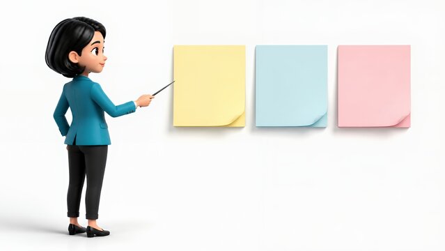 Cute 3D project coordinator pointing at blank planning notes on white background