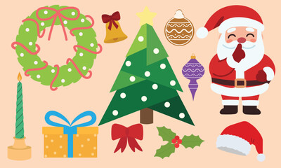 Fototapeta premium Christmas holiday icons set with Santa Claus vector illustration. Flat cartoon winter elements collection with tree, wreath, candle, and gifts