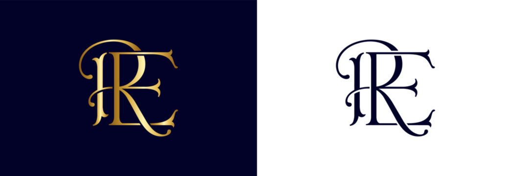 Gold RE monogram on navy background and navy monogram on white background for branding.