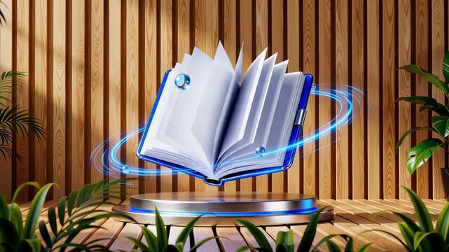 Floating open book with blue energy rings and water droplets on rotating pedestal surrounded by green plants