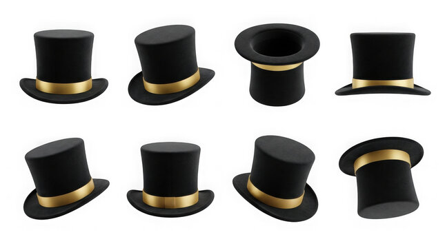 Collection of realistic 3D wizard's hats with golden stripes. Black magician's hat for illusionist's show. Set of 3d rendered retro clothing accessories for magic tricks isolated on white background 