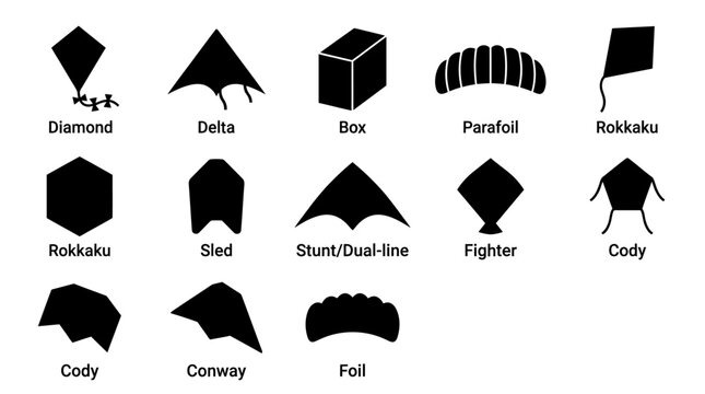 Kite Types Icon Set Collection Flat Black Vector Illustration
