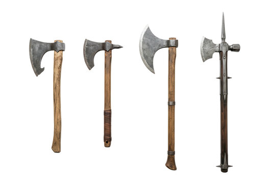 Medieval weapons collection featuring various battle axes and polearm isolated on black