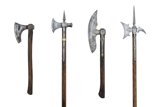 Medieval weapons collection with old metal axes and polearms on black background