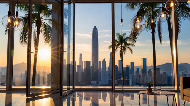 Time-lapse of city skyline through modern glass windows as sunset transitions to sunrise, with palm trees and interior lighting