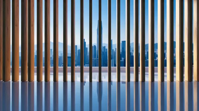 Modern architectural interior with city skyline view through wooden slats and reflective floor