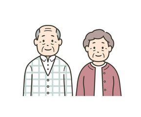 Fototapeta premium 後期高齢者男女の夫婦が並んで立っている上半身イラスト 