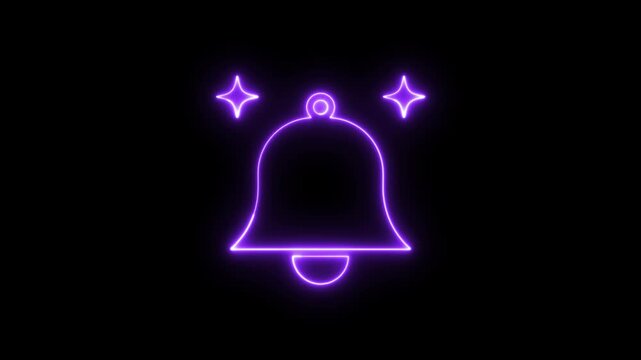 Purple neon glowing bell icon with sparkling stars on a dark background.
