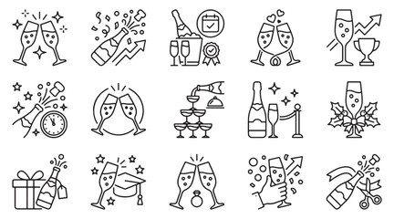 Fototapeta premium Set of thin line icons featuring champagne bottles glasses celebration events party toasts holidays success and festive lifestyle linear illustrations