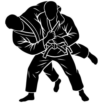 Judo fighters performing a throw technique in martial arts silhouette vector illustration with black and white silhouette grappling