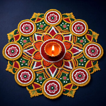 Traditional colorful rangoli design with a lit oil lamp at the center for festive celebrations