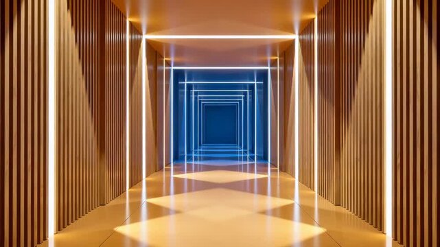 Futuristic corridor with glowing neon squares transitioning from blue to warm tones, wooden panel walls, reflective floor