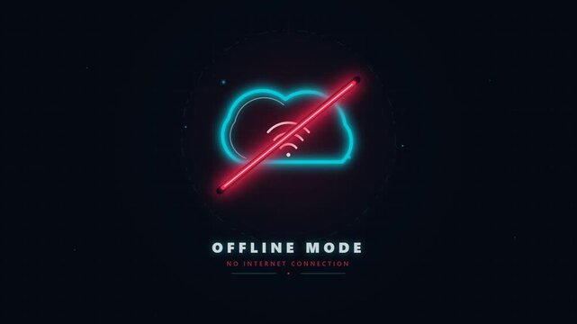 Futuristic neon offline mode interface with no internet connection warning on dark digital background