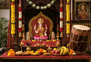 Fototapeta premium Traditional Hindu altar with goddess statue flowers fruits and ritual items for worship ceremony