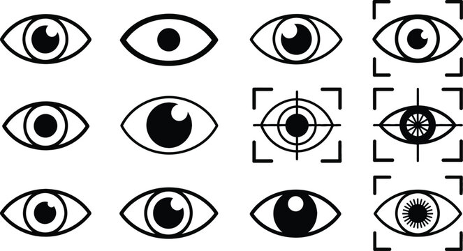 Minimalist Eye Icon Set and Biometric Scanning Symbols: Vector Collection for Iris Recognition, Retinal Scanners, Optical Security, Vision Technology, and Digital UI Interface Design Elements.