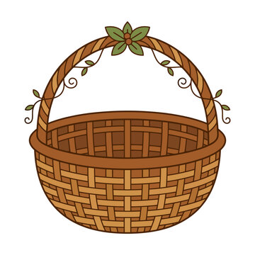 Empty wicker basket illustration with decorative leaves and woven texture design