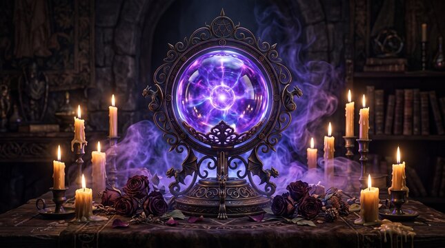 Mystical Purple Crystal Ball with Glowing Magic Energy and Candles
