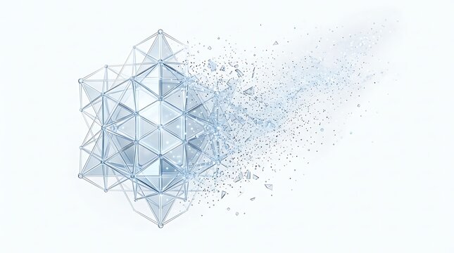 Crystalline geometric polyhedron dissolving into a stream of glowing particles and fine fragments