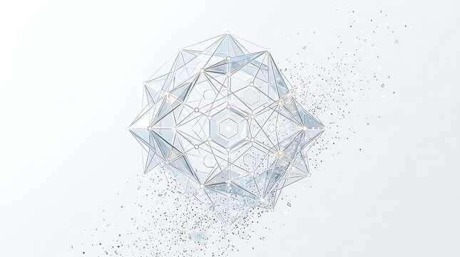 Complex geometric sphere with glowing nodes and crystal facets disintegrating into tiny dust